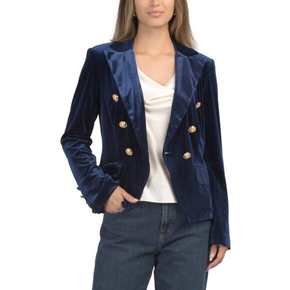 SUGAR LIPS Navy Velvet Blazer With Gold Tone Buttons - Picture 1 of 2